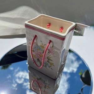 Ceramic Floral design paper bag style vase with pink handles
